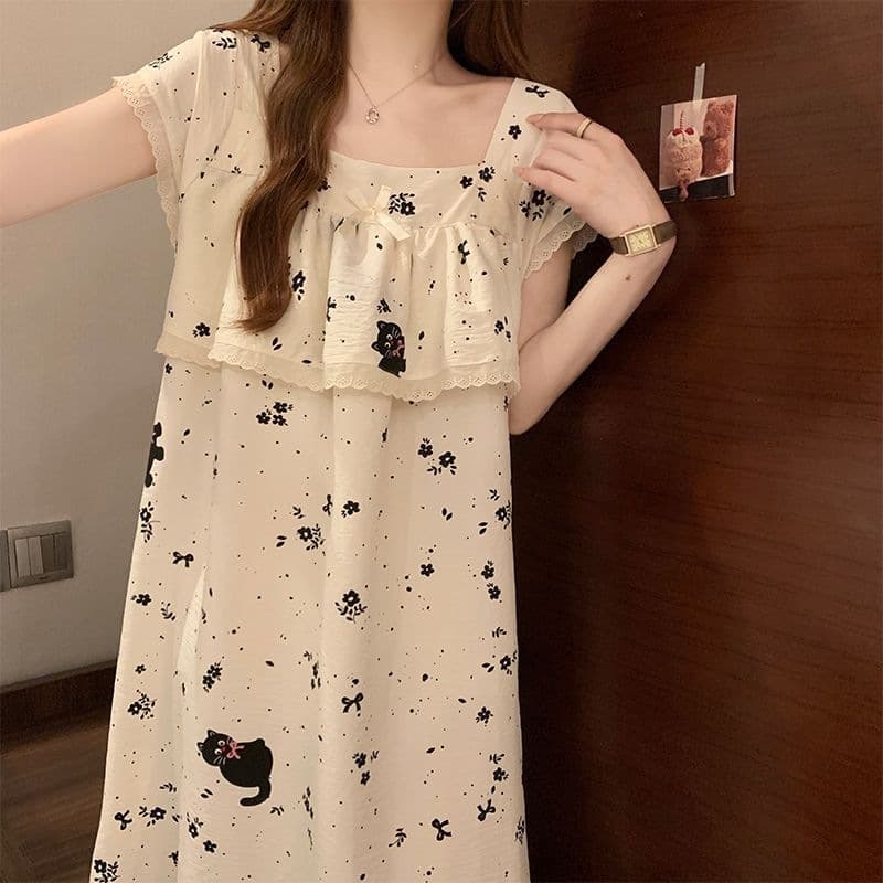 Cotton Sleep Dress Summer New Short Sleeve Sweet Princess Nightgown, Double-Layer Anti-Nipple Ruffle Loose Thin Homewear