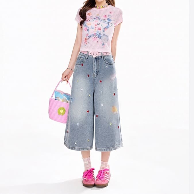 Star patch straight cropped jeans for women, wide-legged, loose wide-leg pants for small people, cropped shorts for women, summer shorts for women