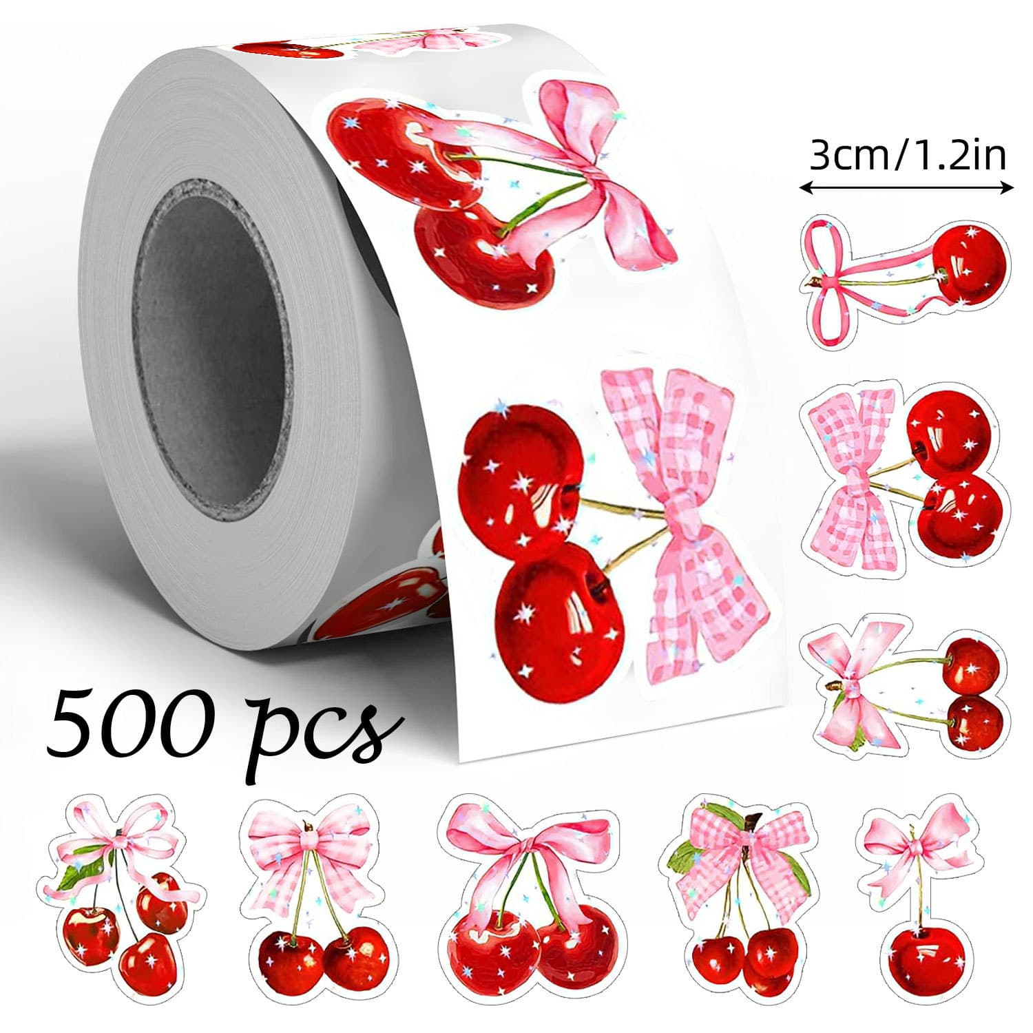 500 stickers/roll Cartoon Cherry Bow Doodle Stickers 1.2in 8 Designs Creative Journal Gift Wrapping Sealing Stickers