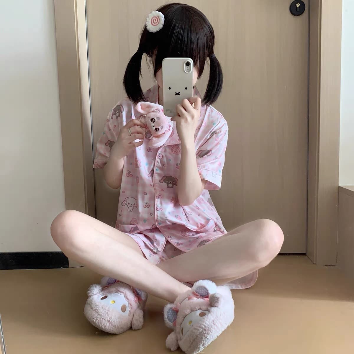 Pink internet celebrity new home wear thin two-piece set student anime female summer short-sleeved shorts pajamas bunny