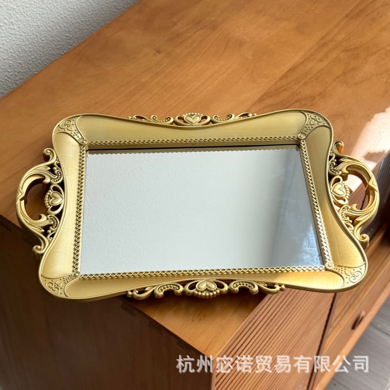 Round Decorative Tray Hotel Tray High-End Wedding Western Placemat European Vintage Gold Embossed Mirror Glass Tray