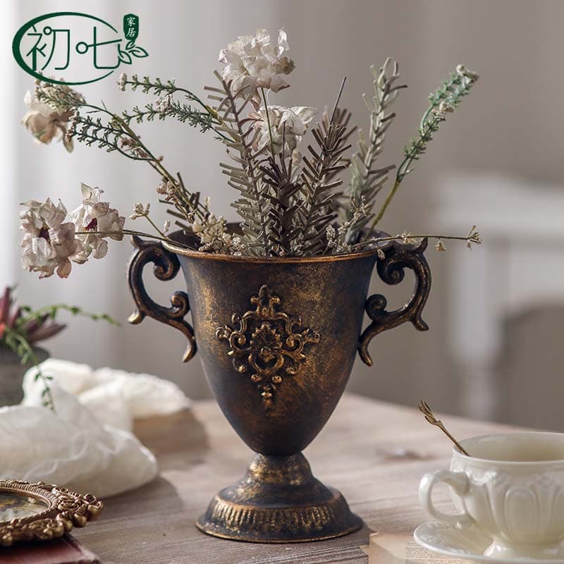 French Palace Style Vase Antique Gold Flower Shop Decoration Vintage Iron Desktop Flower Pot B&B Ornament