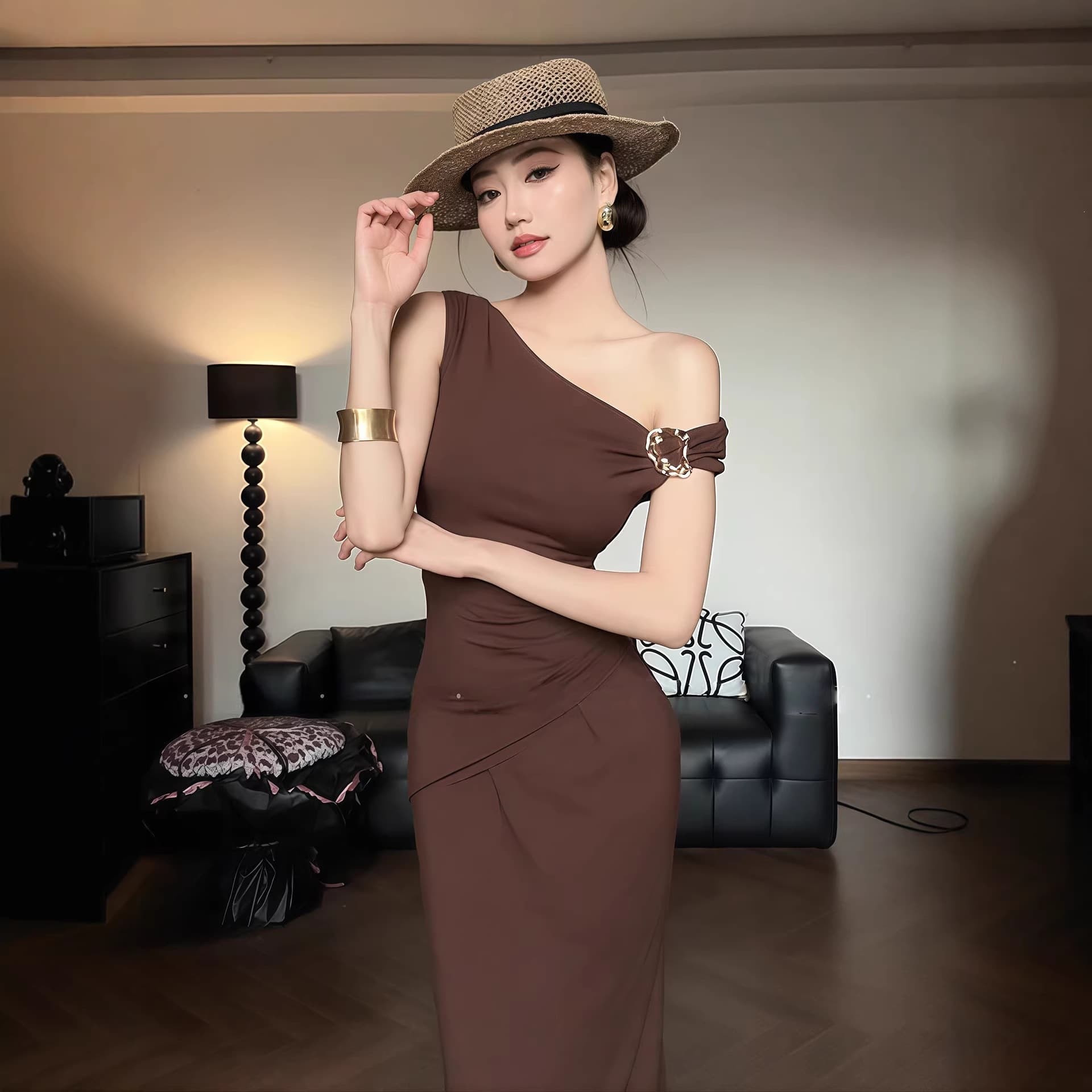 Retro temperament pleated waist slanted off-shoulder dress women's summer new slim slim long skirt hip-covering skirt