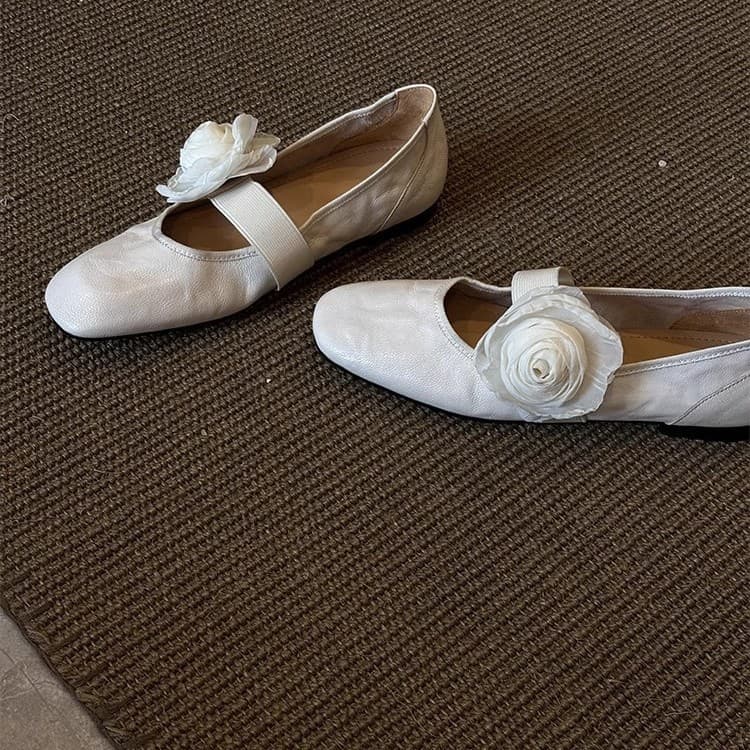Sheepskin Version~ Retro Style One-Strap Detachable Flower Ballet Flats for Women, Soft Sole Genuine Leather Low-Cut Ballet Shoes