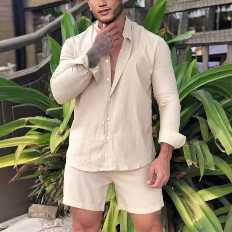 Cross-border foreign trade European and American men's casual cotton and linen suits Independent station men's home clothes loose long-sleeved shorts two-piece set