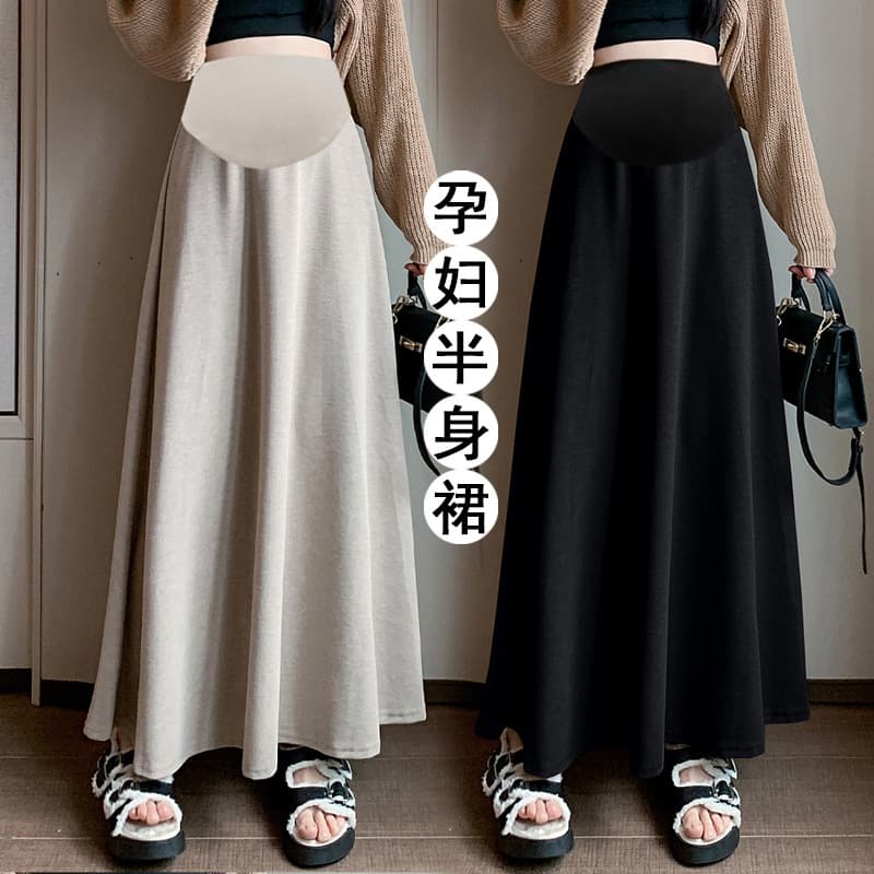 Maternity Wear Autumn/Winter New Style Knitted Fleece-Lined High-Waist Slimming Midi A-Line Skirt for Outer Wear