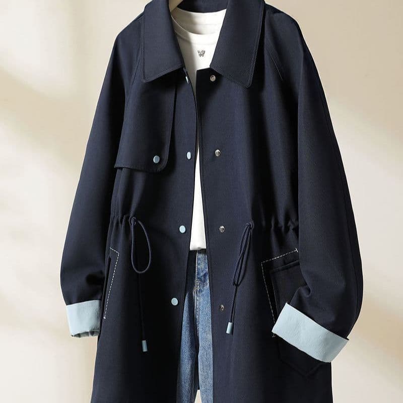 High-End Color Block Petite Fashion Elegant Waist-Cinching Casual Trench Coat Women's Spring/Autumn New Mid-Length Loose