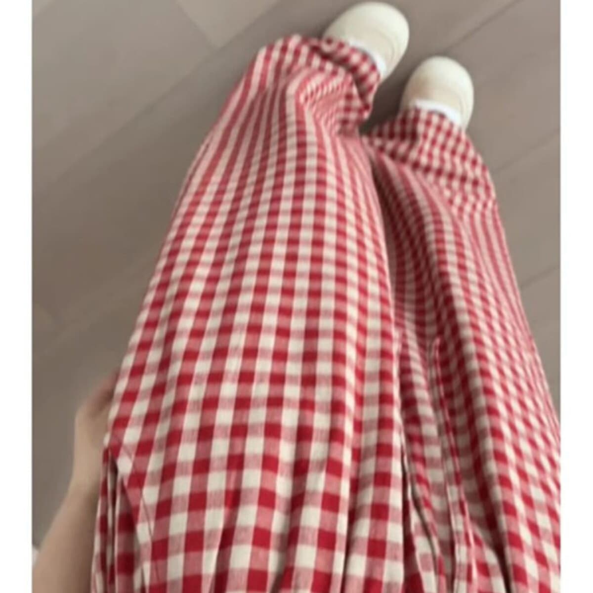 Hong Kong Style Chic Red Plaid Casual Pants for Women, Summer Loose Fit Narrow Wide-Leg Pants with Drape, Versatile Floor-Length Pants