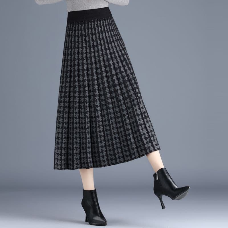 New Knitted Spring Autumn Winter Pleated Skirt Women High Waist Thickened Large Flare Mid-Length Half Wool Skirt Single Skirt