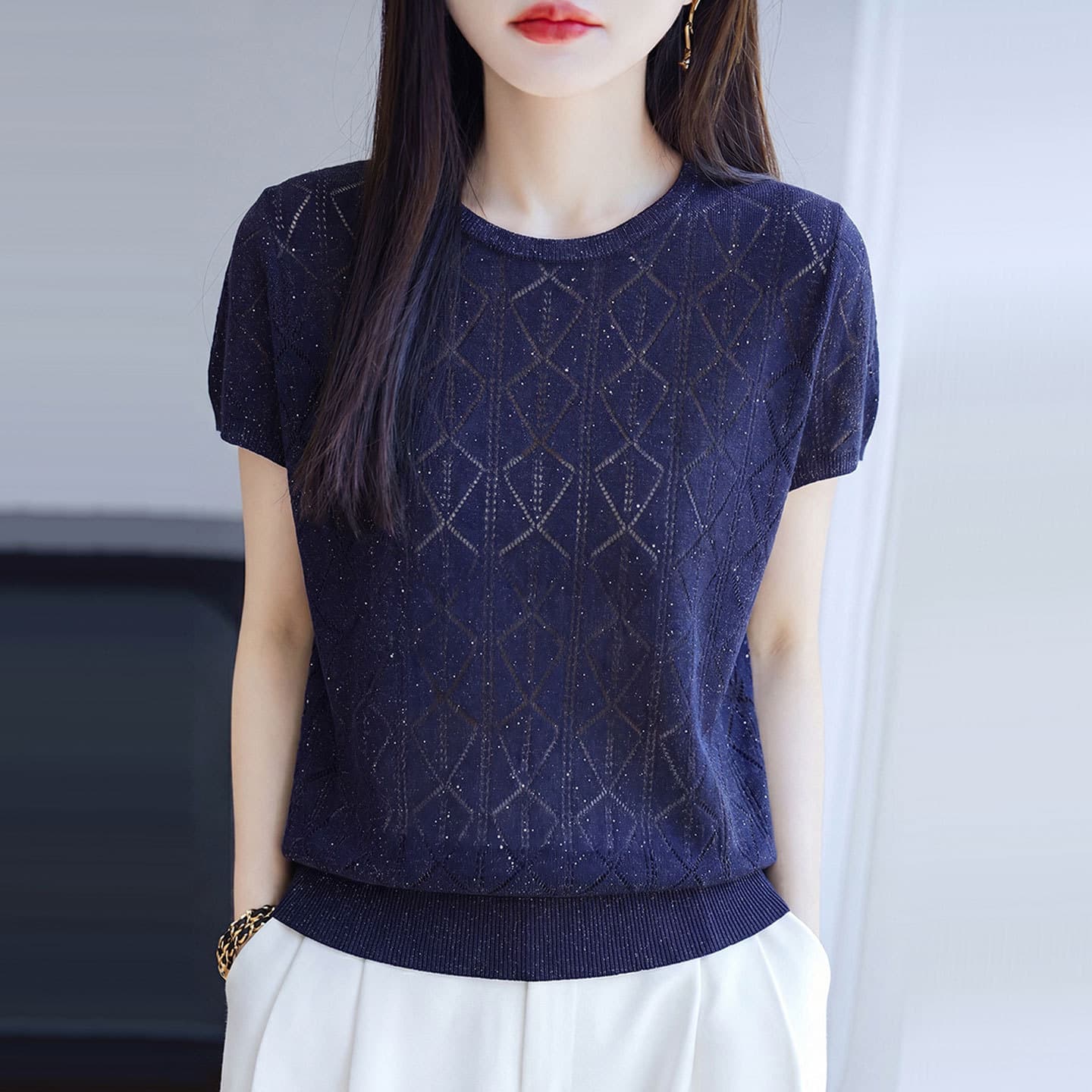 [Direct supply from the manufacturer] Lyocell Tencel short-sleeved summer round neck solid color hollow thin versatile Tt-shirt tops for women