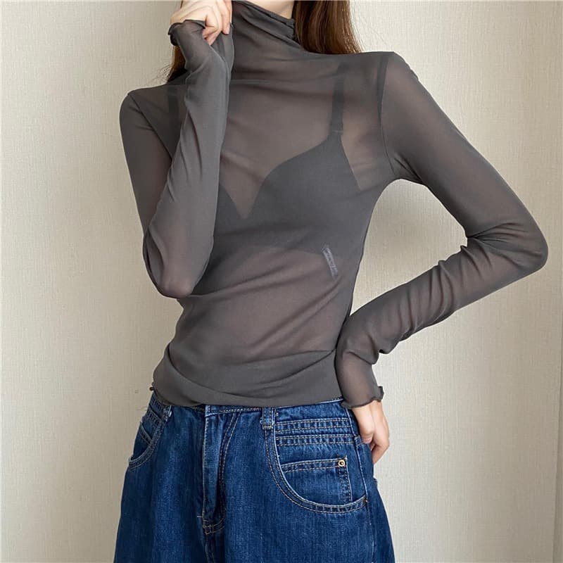 Slim high-neck long-sleeved lace bottoming shirt for women, thin mesh top for autumn and winter, black fungus-edged gauze top for women