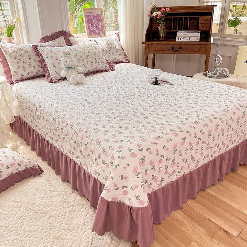Class A Washed Cotton Quilted Bed Cover Three-Piece Set, Non-Slip Fitted Sheet, Tatami Mat Cover, Floral Pattern, All-Season Use