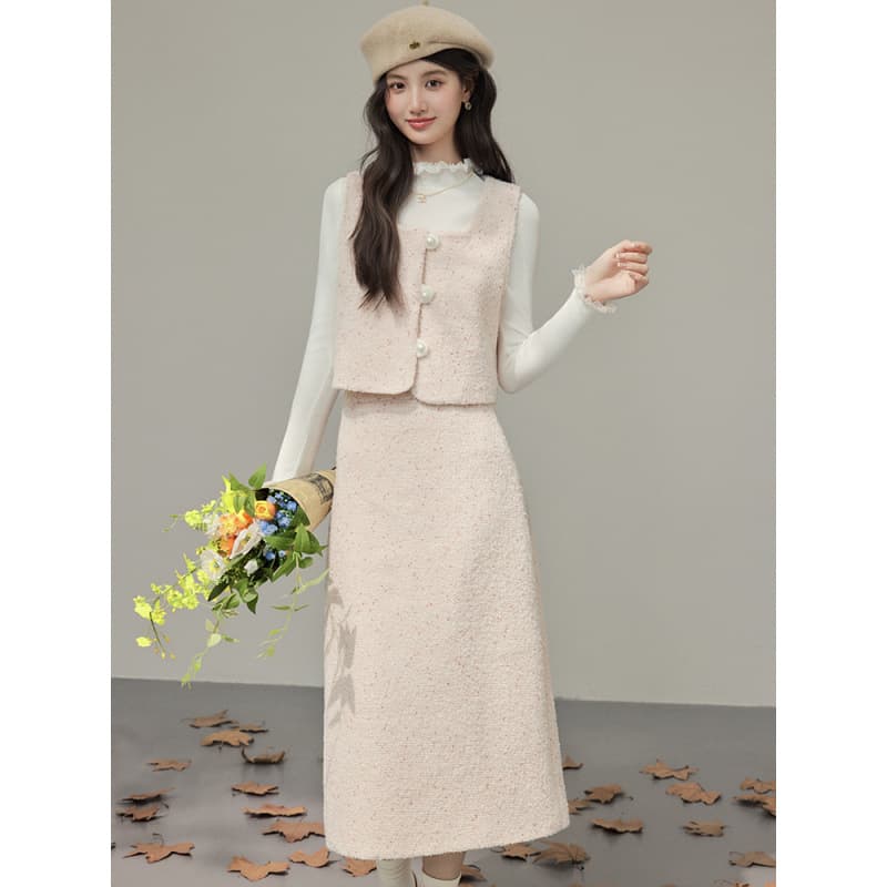 48% Cashmere Chic Suit Set Women Winter Pink Rich Girl Vest Elegant Matching Outfit