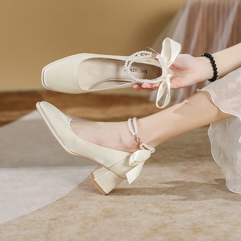 C501-31 Chunky Heel Square Toe Bow Fairy High Heels 2023 New Wedding Shoes Bride Shoes Large Size 40-43