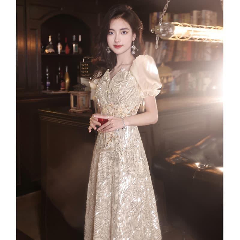 Sequin Evening Dress for Women, French-Style Long Gown, High-End Luxury, Unique Design for Hosting Banquets, Parties, and Spring Events