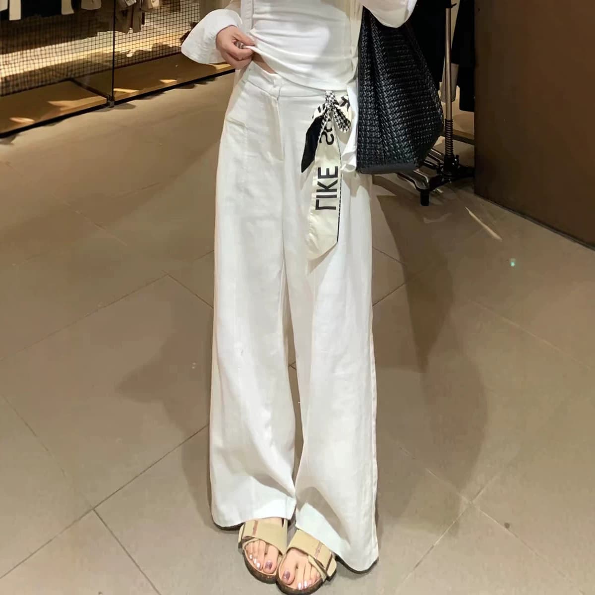 White Linen and Ramie Wide-Leg Pants for Women, Spring New Arrival, High-Waist Slimming, Old Money Style, Straight-Leg Cotton Linen Suit Casual Pants
