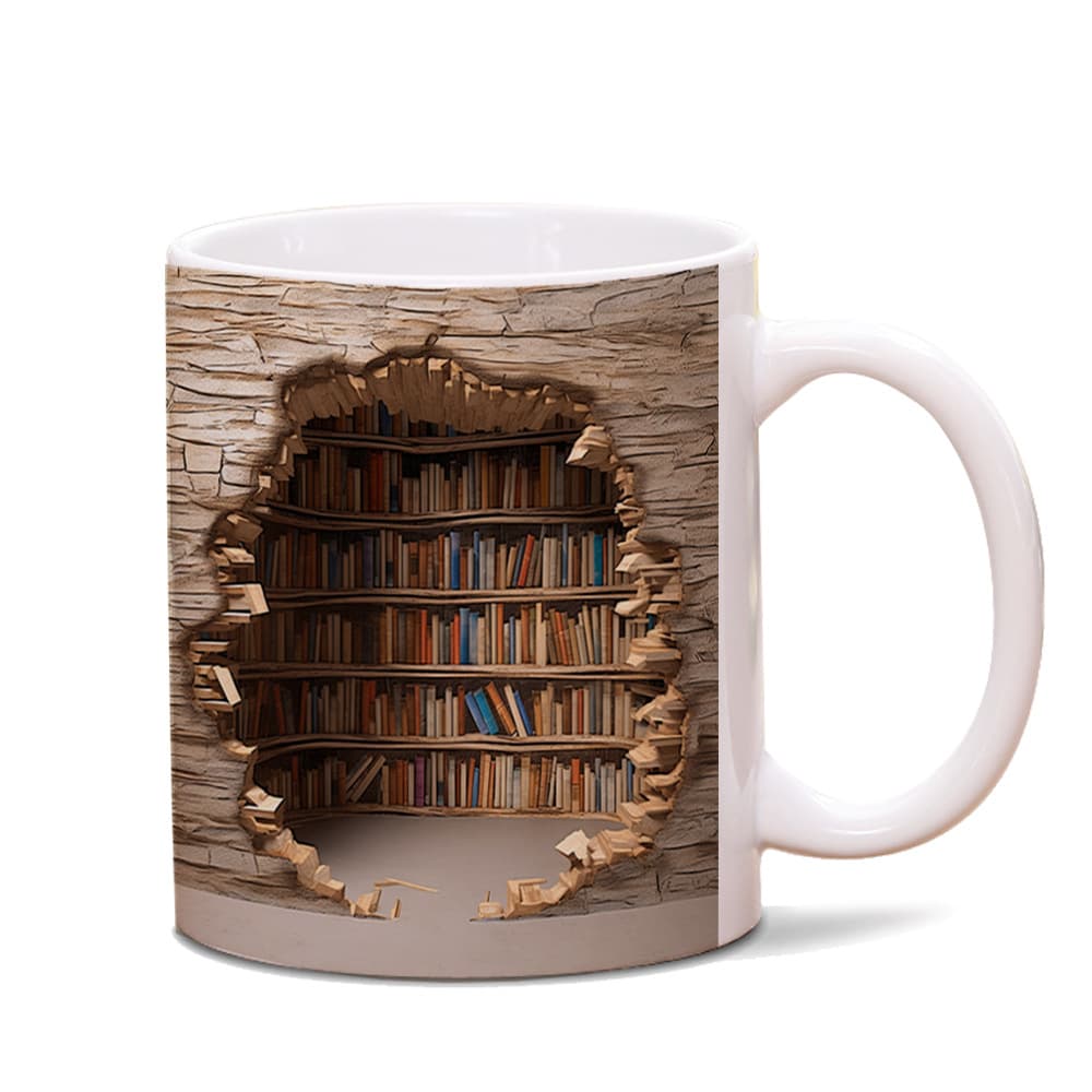 Cross-border 3D Effect Mug with Custom Print, Bookshelf Style Ceramic Cup with LOGO, Space Creative White Mug