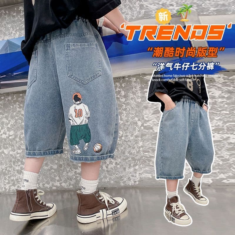 Children's Boys Denim Shorts 2026 New Style, Loose Summer Thin Denim Capri Pants for Big and Middle Boys