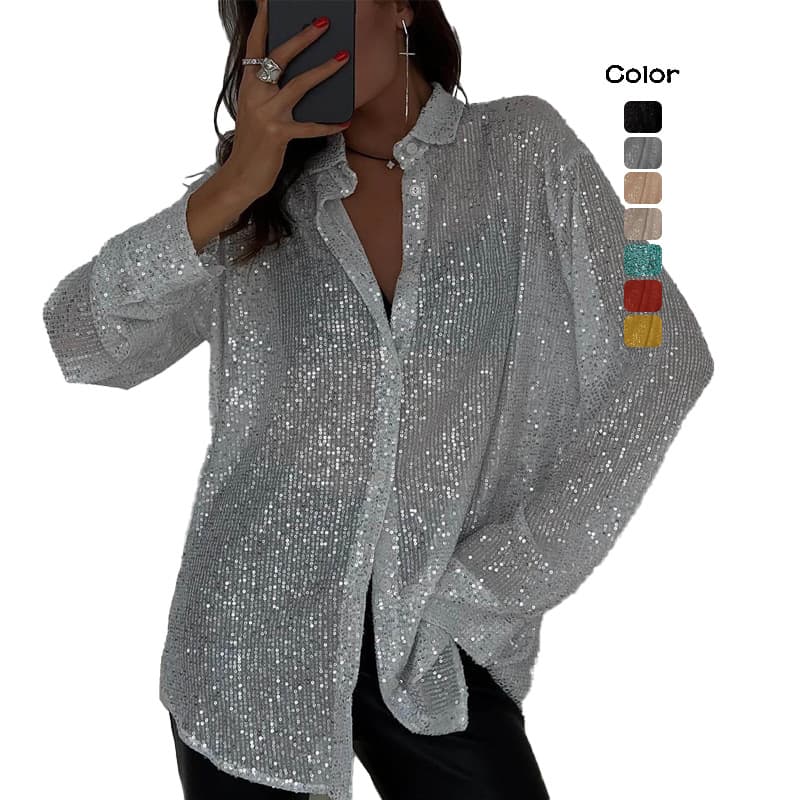 2025 Spring/Summer European and American New Sequin Top Notch Lapel Long Sleeve Cardigan Basic Style Cross-border Women's Shirt Jacket