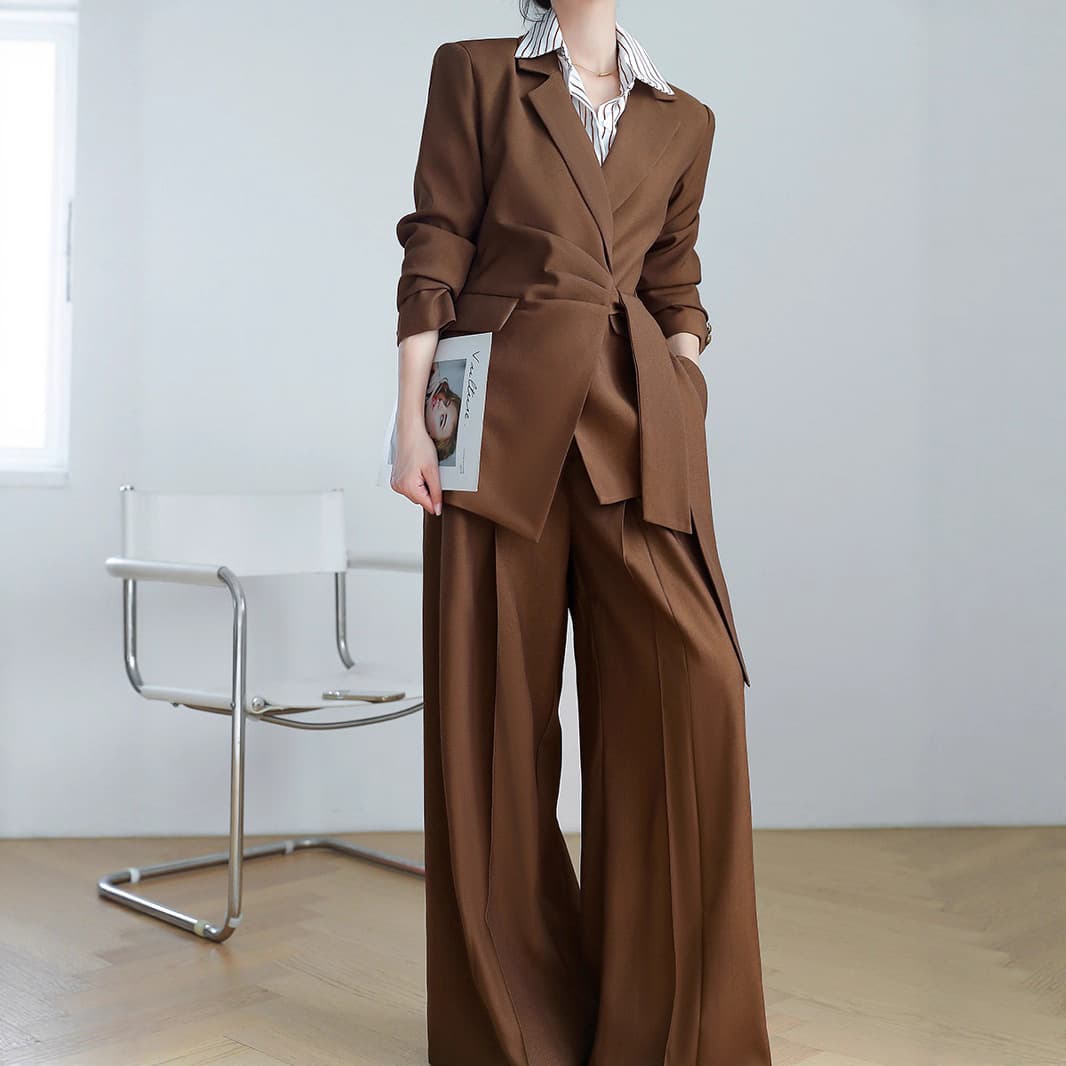 Plus Size Women's Business Suit Set Spring Autumn Blazer Wide Leg Pants 2-Piece 25116