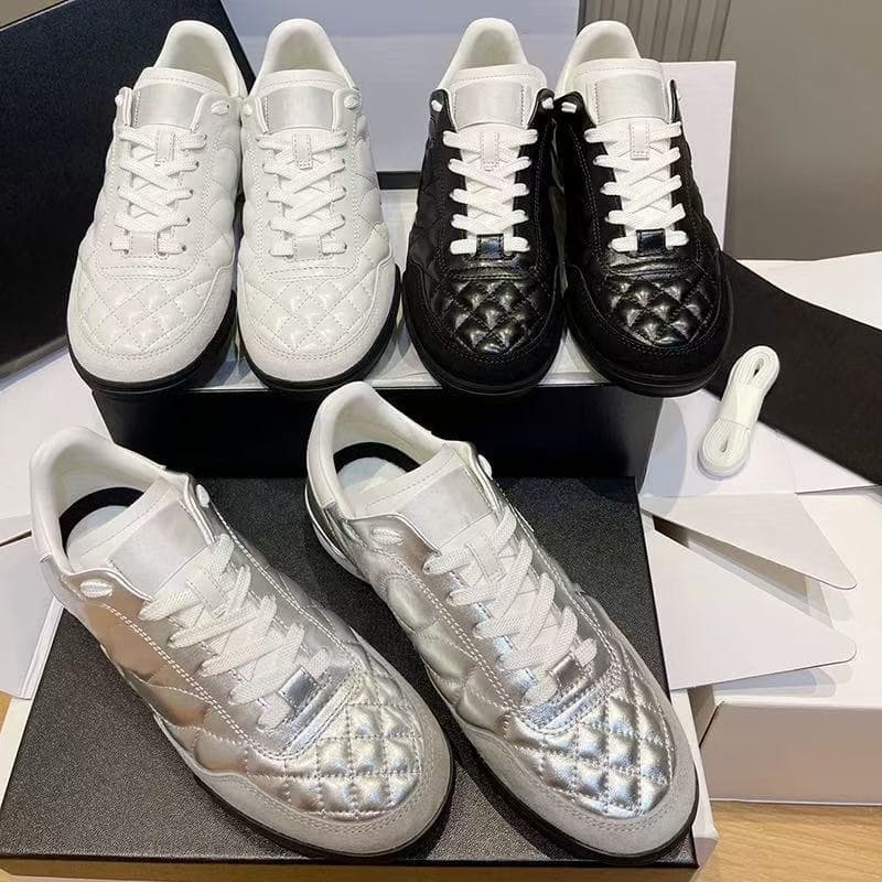 Little Fragrance C Small Ball Shoes Genuine Leather Agassi Shoes C Diamond Quilted Casual Sports Shoes Women's Thick Sole Dexun Shoes White Shoes Lace Up