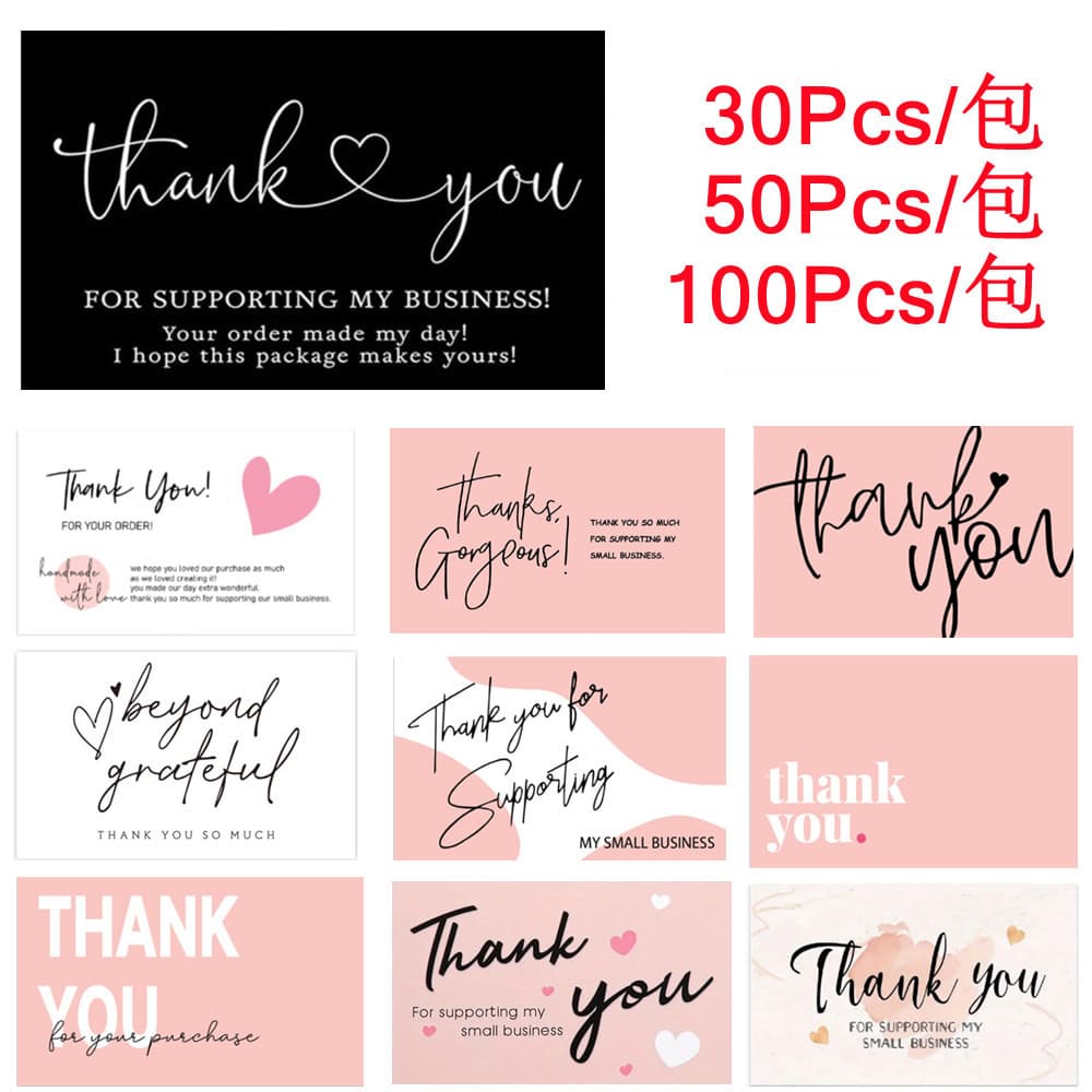 50 Pcs/Pack Black English Thank You Cards, Gift Greeting Cards for Bouquets, Gift Tags with Message Cards