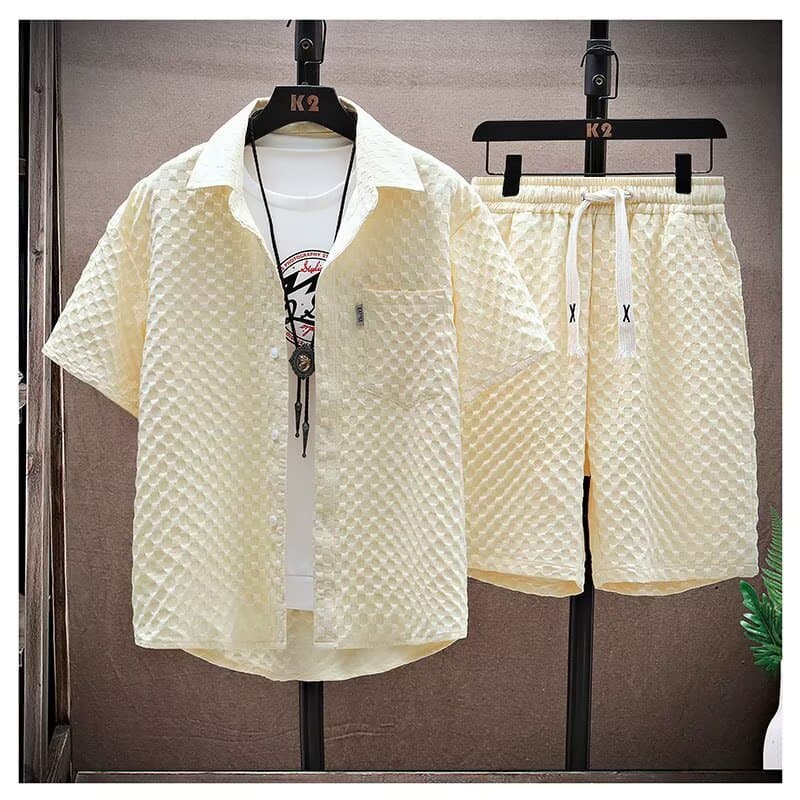 New Summer Set for Men - Stylish Short Sleeve Shirt and Shorts Plaid Thin Sport Casual Two-Piece Set