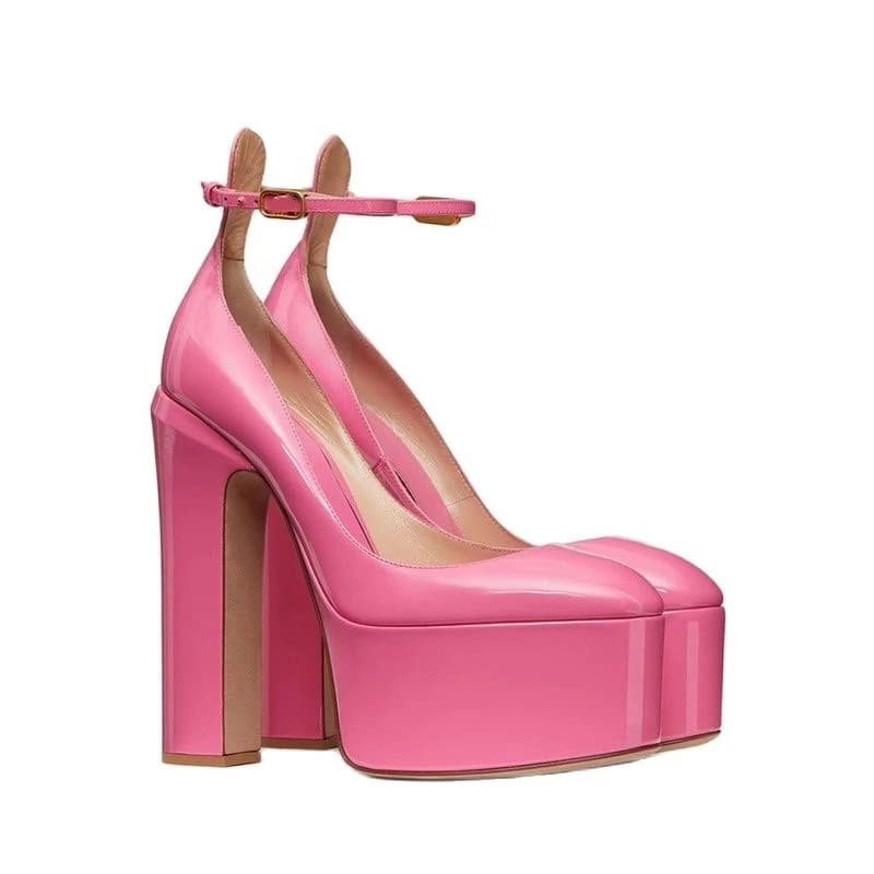 European and American round-toe patent leather stiletto high heels with platform, chunky heel, closed-toe, large size, shallow-mouth high heels