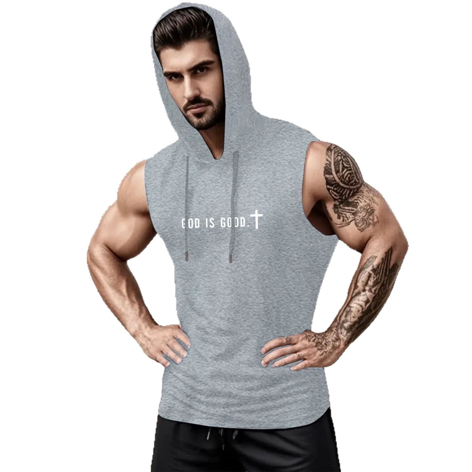 Men's Printed Drawstring Quick Dry Hooded Sleeveless Vest