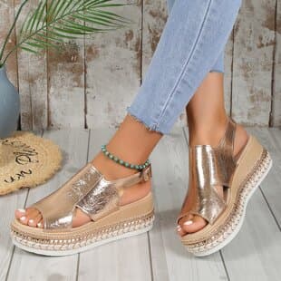 2025 Summer New Plus Size Peep-Toe Buckle Wedge Sandals for Women, One-Strap Thick Sole Shiny Women's Sandals
