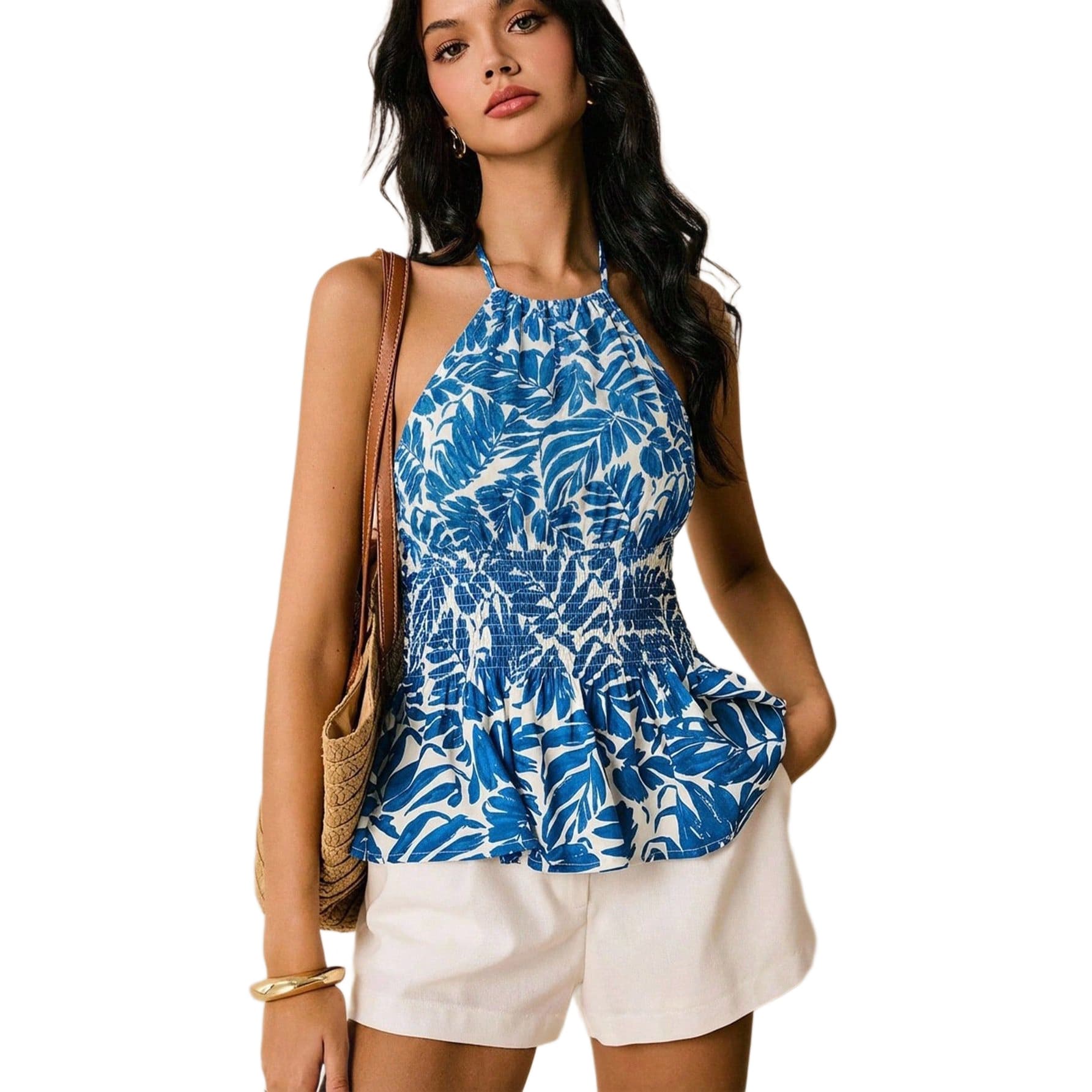 Cross-Border Women's Vacation Style Halter Top with Botanical Print Elastic Waist Ruffled Sleeveless Crop Top