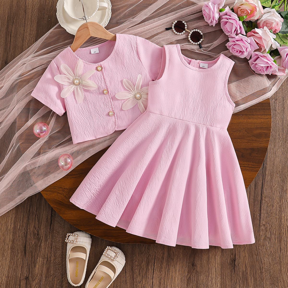 Summer new style young girls cute flower decorated single-breasted short-sleeved jacket + pink sleeveless round neck for girls