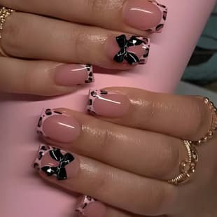 Short Square Glossy Black 3D Bow Leopard Print Daily Wear Nails Ins Classic Fake Nails
