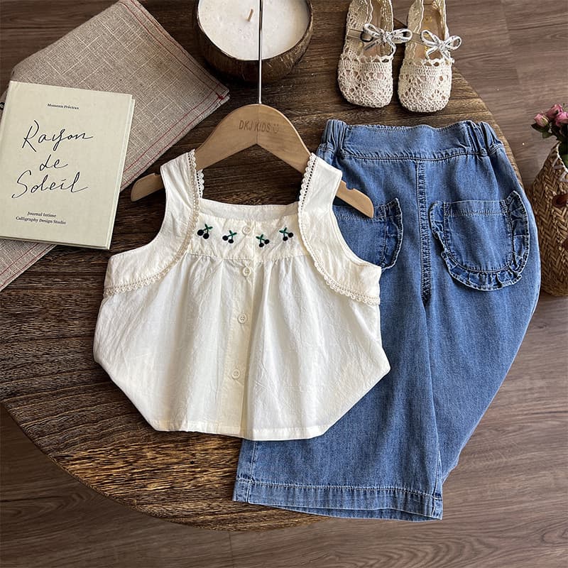 Girls Tank Top Summer 2026 New Kids Top + Denim Long Pants Baby Girl Summer Two-Piece Set