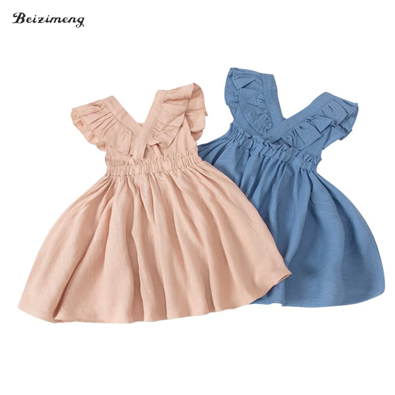 Summer Cotton Linen Children's Dress Strap Vest Wooden Edge Princess Style Cute Girls' Clothing Korean Style Soft Fabric