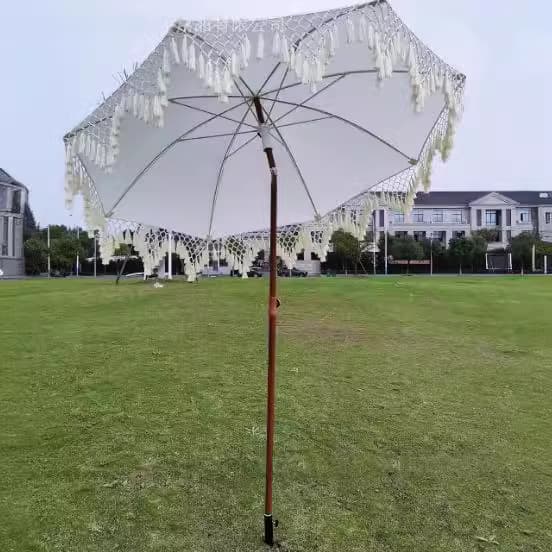 Outdoor Sun Umbrella Beach Umbrella with Tassel Rope Leisure White Patio Garden Open-Air Outdoor Café Sun Umbrella