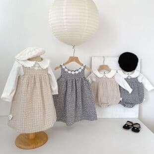 Girls Spring Autumn Sister Set Trendy Baby Girls Chic Little Fragrance Style Bodysuit Girls Vest Dress Onesie