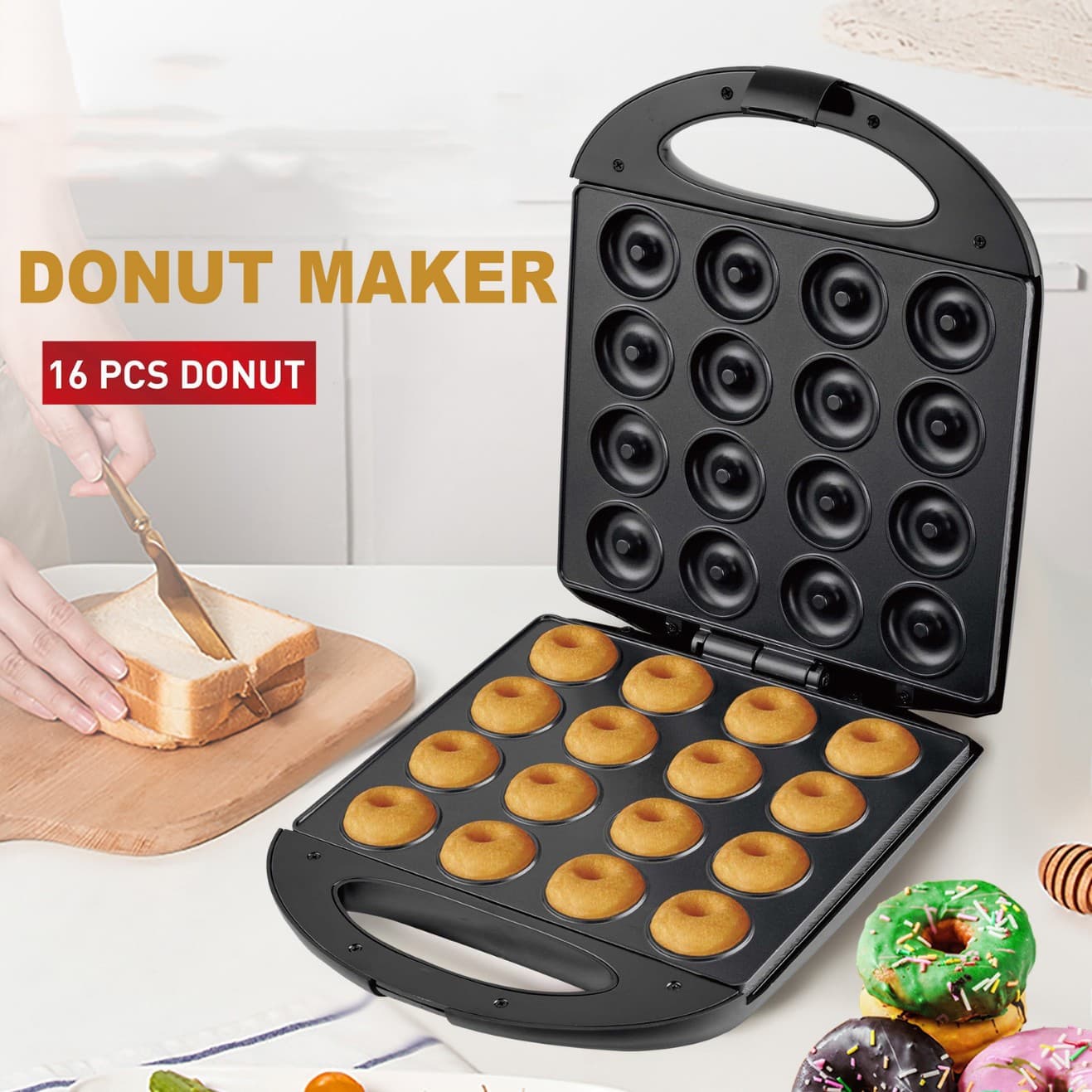 Large 16-hole donut machine breakfast cake machine round cake machine double door heating electric cake pan Donut machine