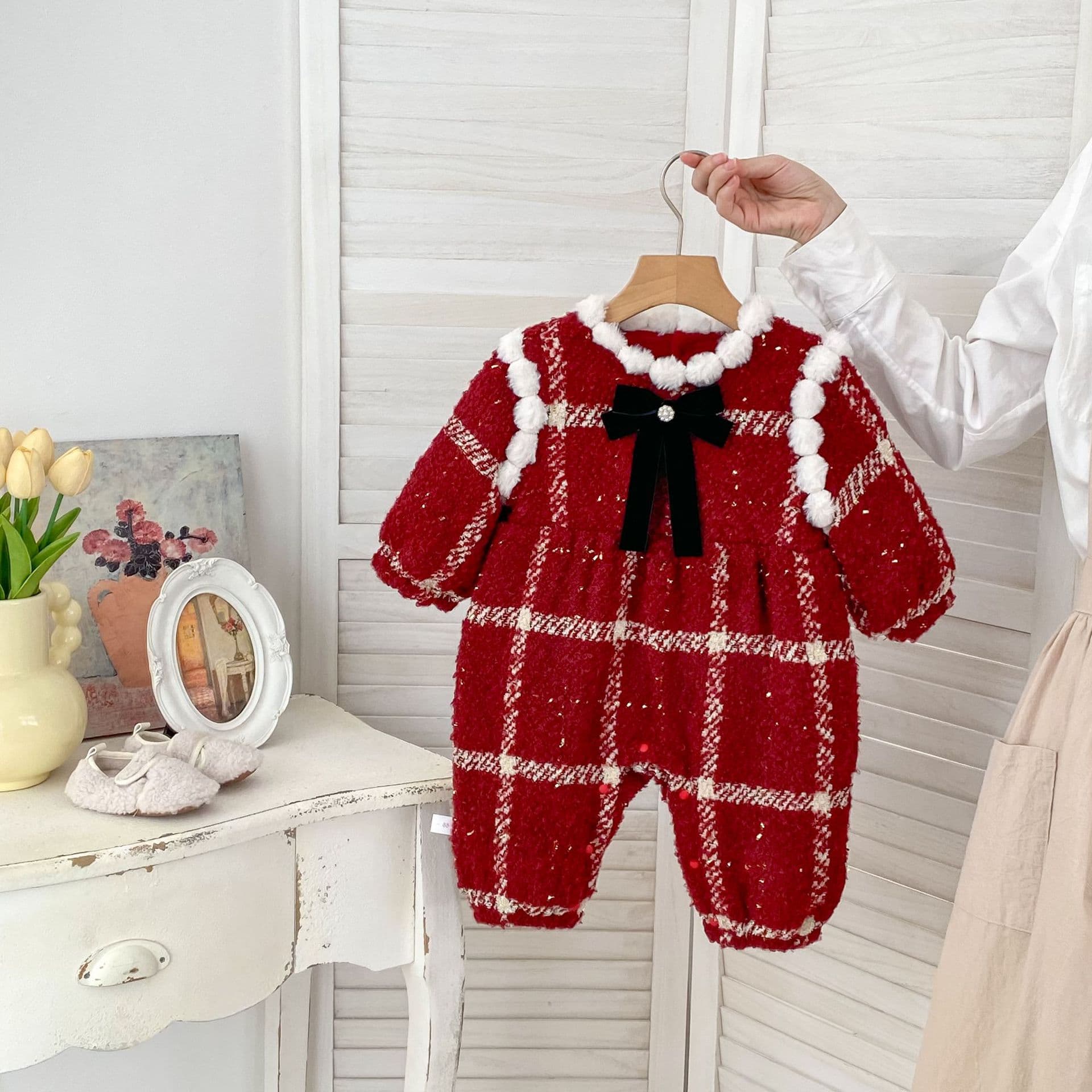 Baby Girl Chanel-Style Romper Infant Winter Christmas Thickened Warm Crawling Suit 100-Day Banquet New Year Outfit Jumpsuit