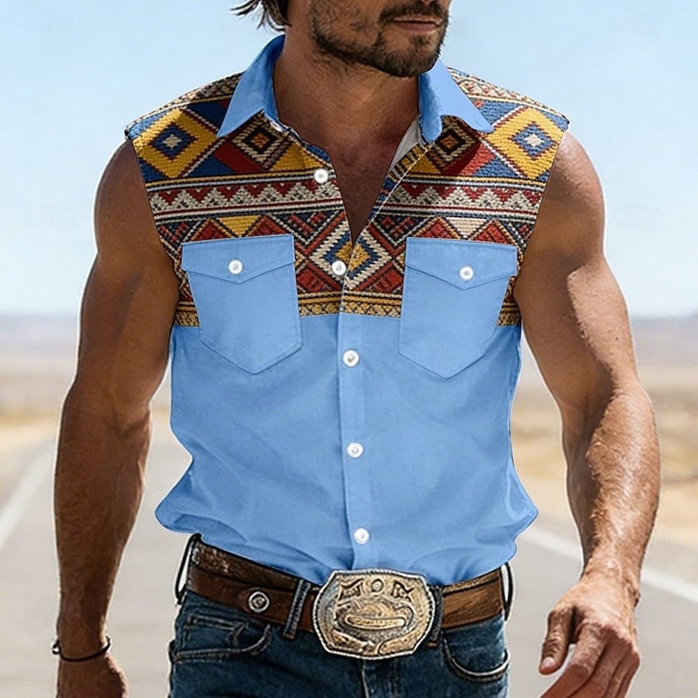 2026 New Cross-Border Men's Sleeveless Pocket Shirt Summer Turn-Down Collar 3D Printed Men's Vest Shirt