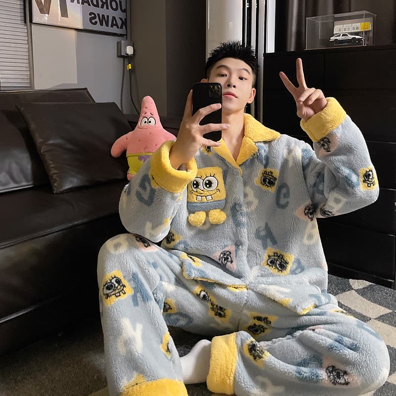 Men's Autumn Winter Coral Fleece Thickened Cartoon SpongeBob Large Size Homewear Pajama Set for Youth