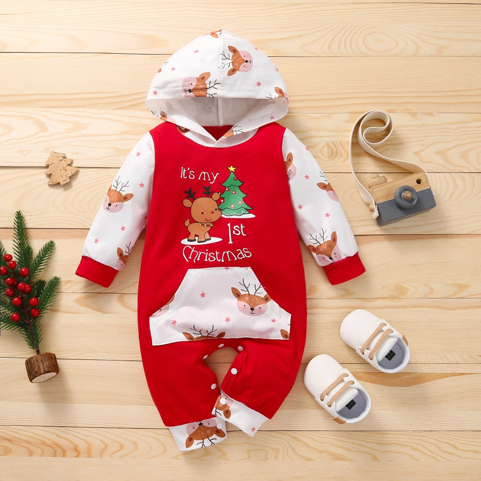 Cross-border Bestseller New Autumn/Winter Christmas Children's Cotton Bodysuit Long-sleeve Hooded Printed Baby Romper