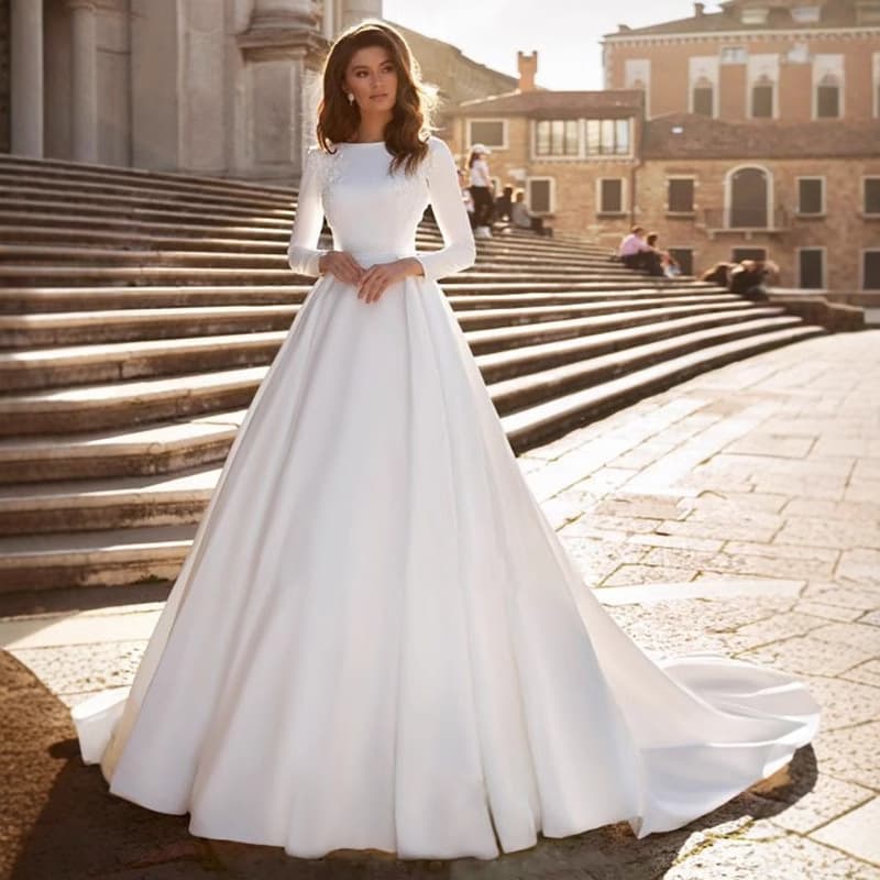 Long-sleeve Export White Wedding Dress 2026 Summer New Style Elegant Satin Train Light Wedding Dress Export Source