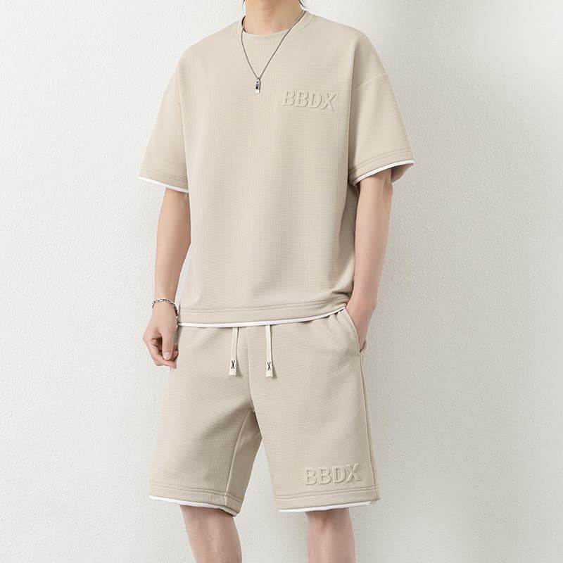 Waffle Short Sleeve Set Men's Plus Size Loose Round Neck T-Shirt Streetwear Simple Shorts Men's Two-Piece Set