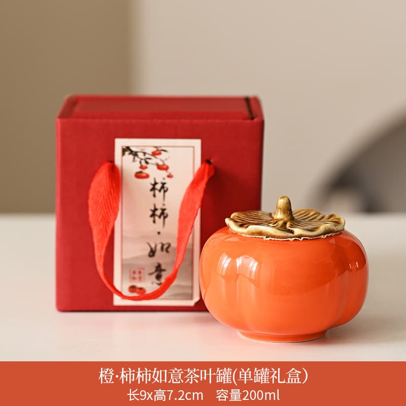 Festive Gift Persimmon Everything Goes Well Ceramic Tea Canister with Lid Sealed Jar Portable Tea Box Souvenir Holiday Gift