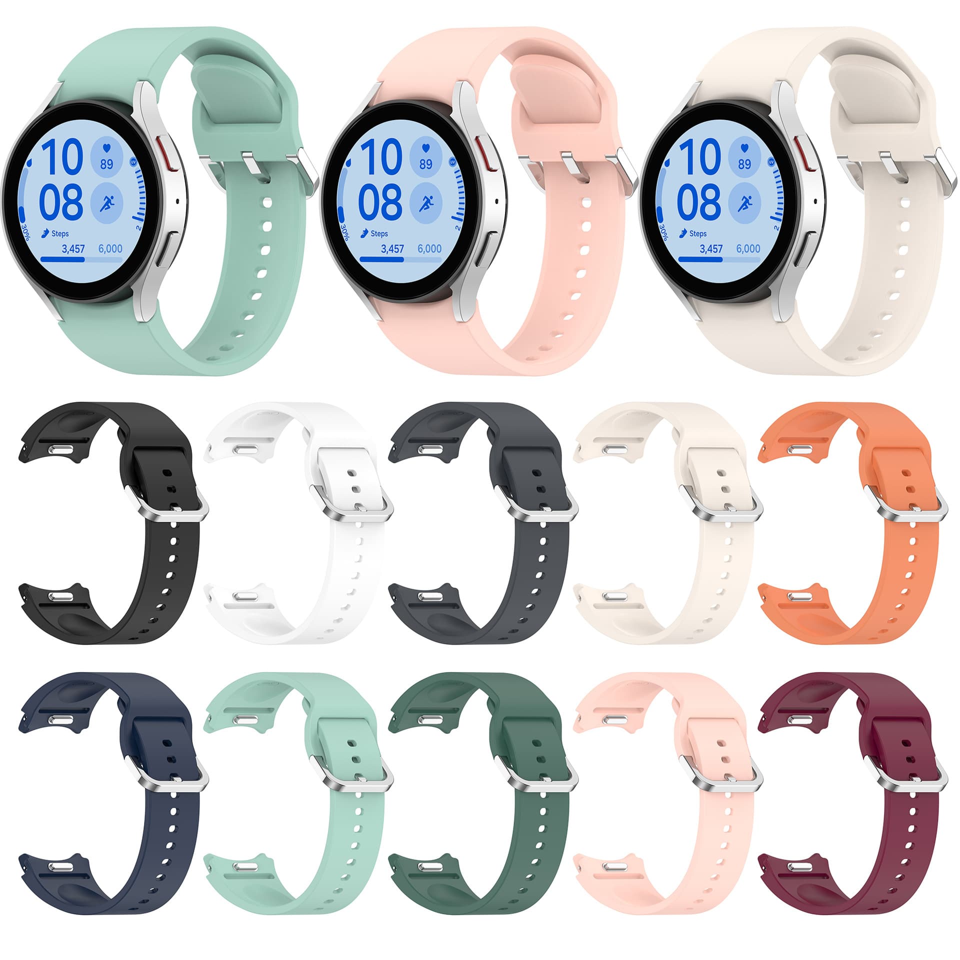 Silicone button strap with silver buckle for Samsung Galaxy Watch7, Watch FE/6/5