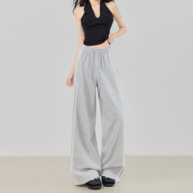 Casual pants women's wide-leg American striped sports drawstring gray trousers pink trousers cotton