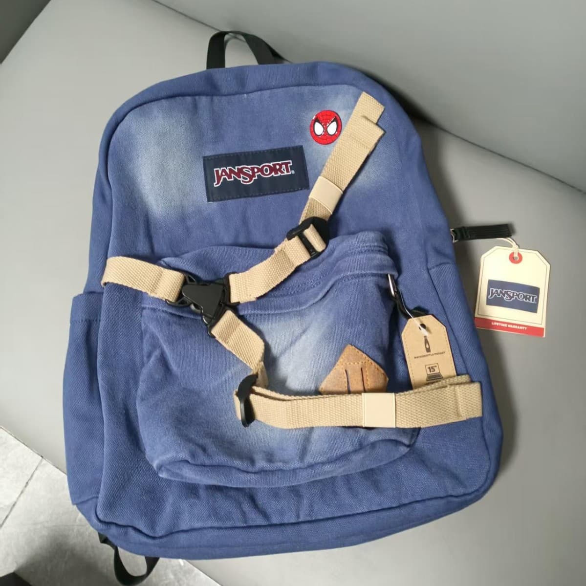 JanSport Jasper Denim Spider-Man Garfield Andrew Backpack School Bag Student Large Capacity Burden Reduction