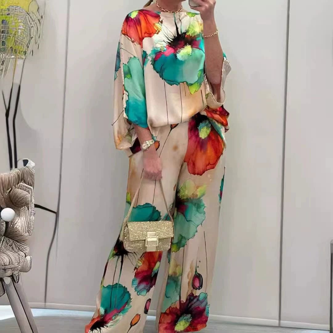 EU/US Cross-border Independent Site Summer Urban Elegant Off-Shoulder Print Batwing Sleeve Loose Pants Set