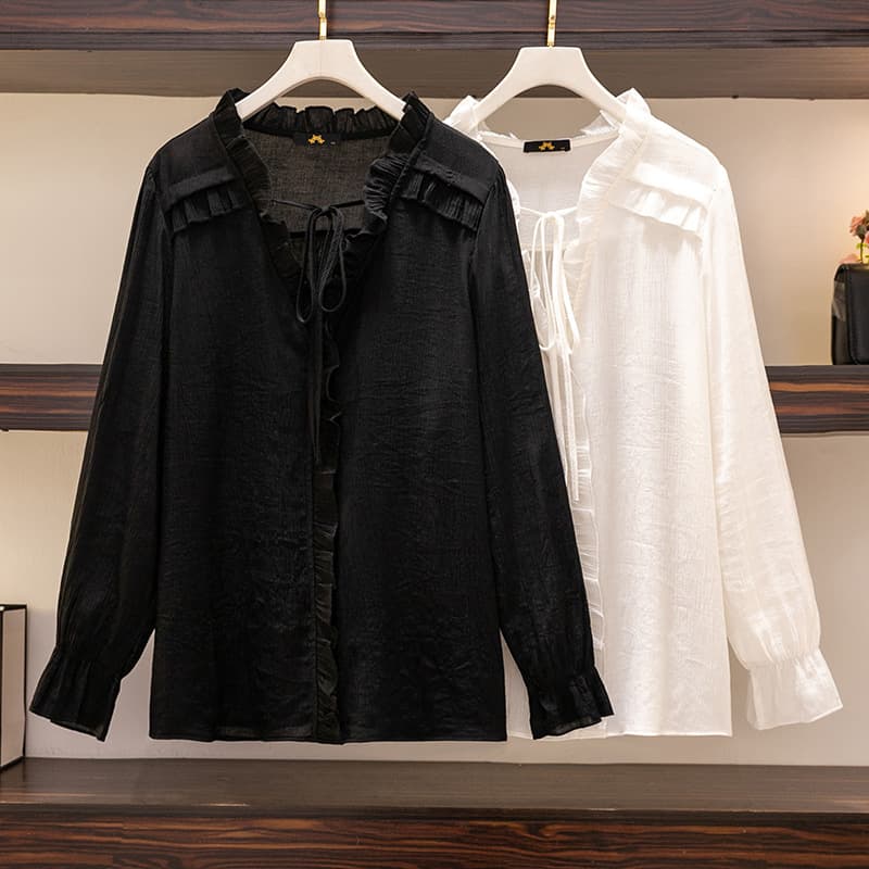 63016 Plus Size Women's Blouse, 120-350 lbs, Spring/Fall New Loose Flared Sleeve Tie Front Shirt